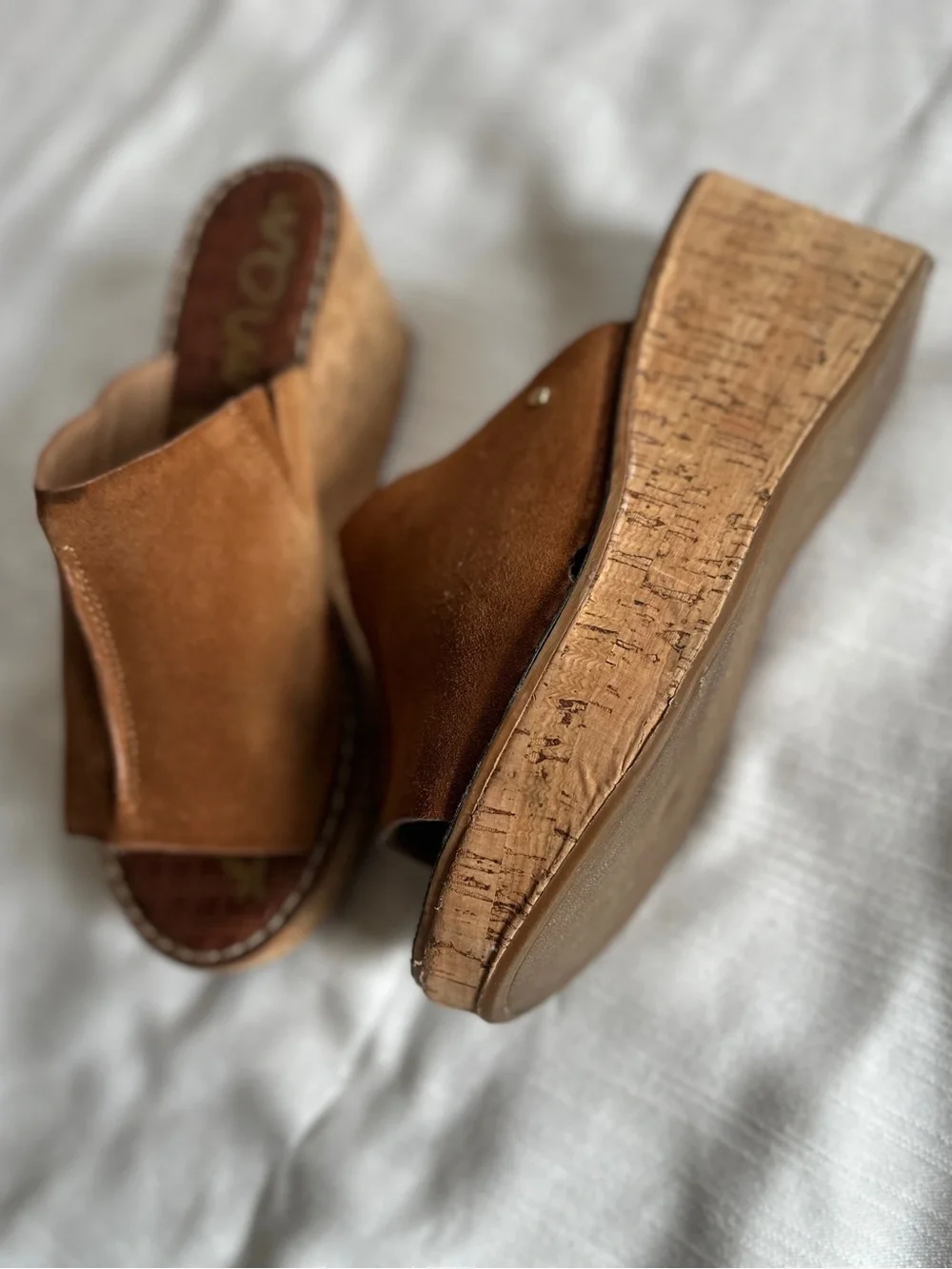 Sam Edelman Ranger Saddle Brown Suede Cork Platform Wedge Sandals | 8.5